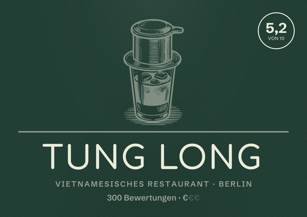 Illustriertes Poster von Tung Long, Vietnamesisches Restaurant in Berlin: Bewertung 5,2 von 10 aus 300 Bewertungen, Preisniveau €