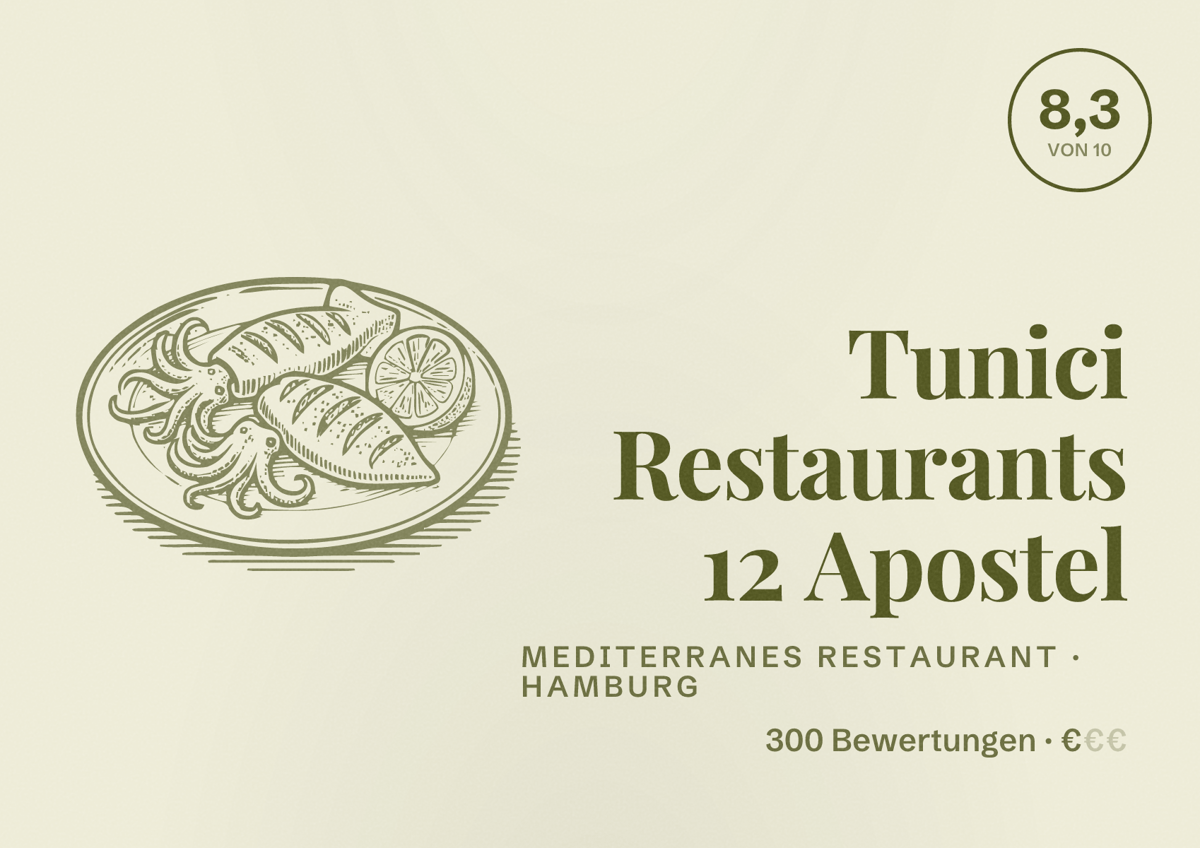Illustriertes Poster von Tunici Restaurants 12 Apostel, Mediterranes Restaurant in Hamburg: Bewertung 8,3 von 10 aus 300 Bewertungen, Preisniveau €