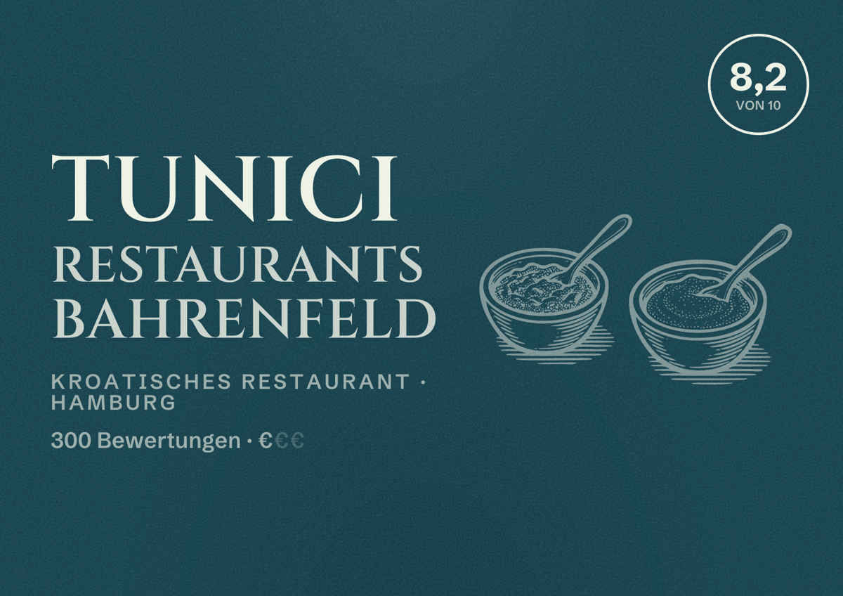 Illustriertes Poster von Tunici Restaurants Bahrenfeld, Kroatisches Restaurant in Hamburg: Bewertung 8,2 von 10 aus 300 Bewertungen, Preisniveau €