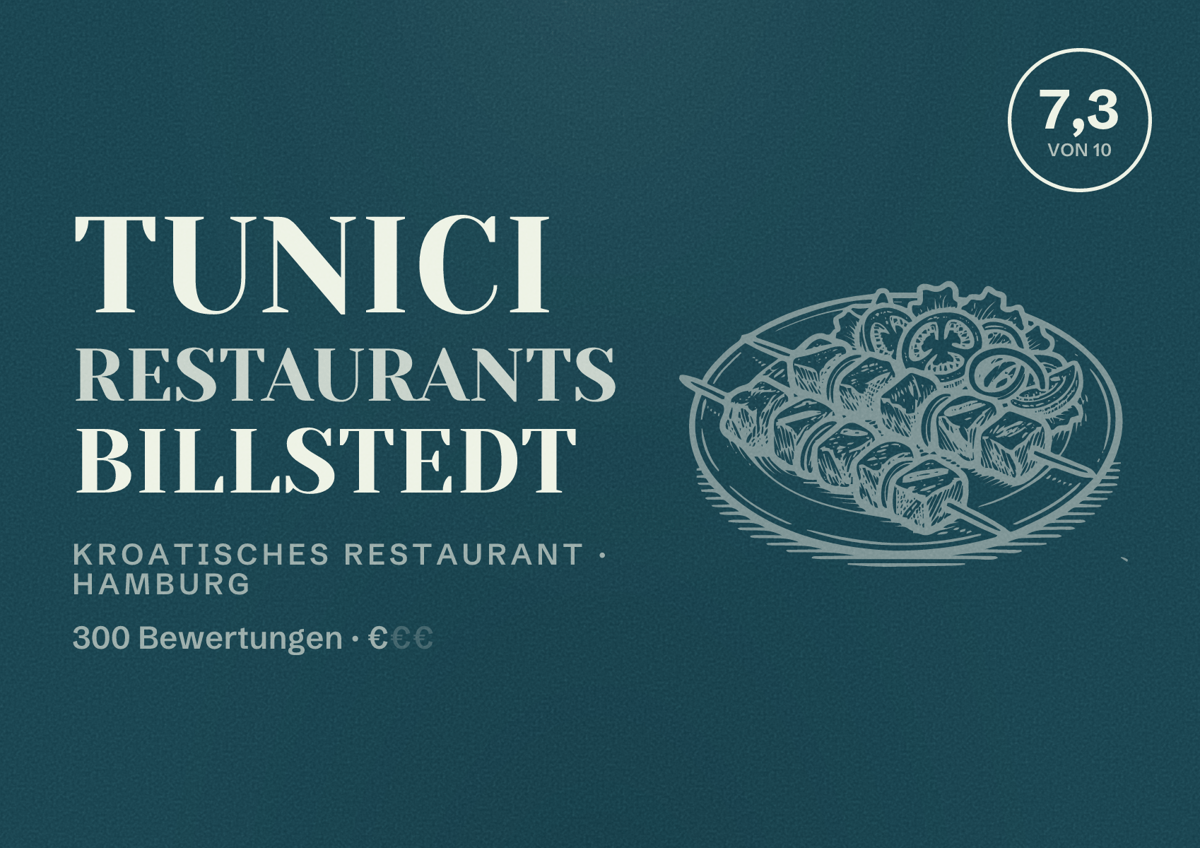 Illustriertes Poster von Tunici Restaurants Billstedt, Kroatisches Restaurant in Hamburg: Bewertung 7,3 von 10 aus 300 Bewertungen, Preisniveau €