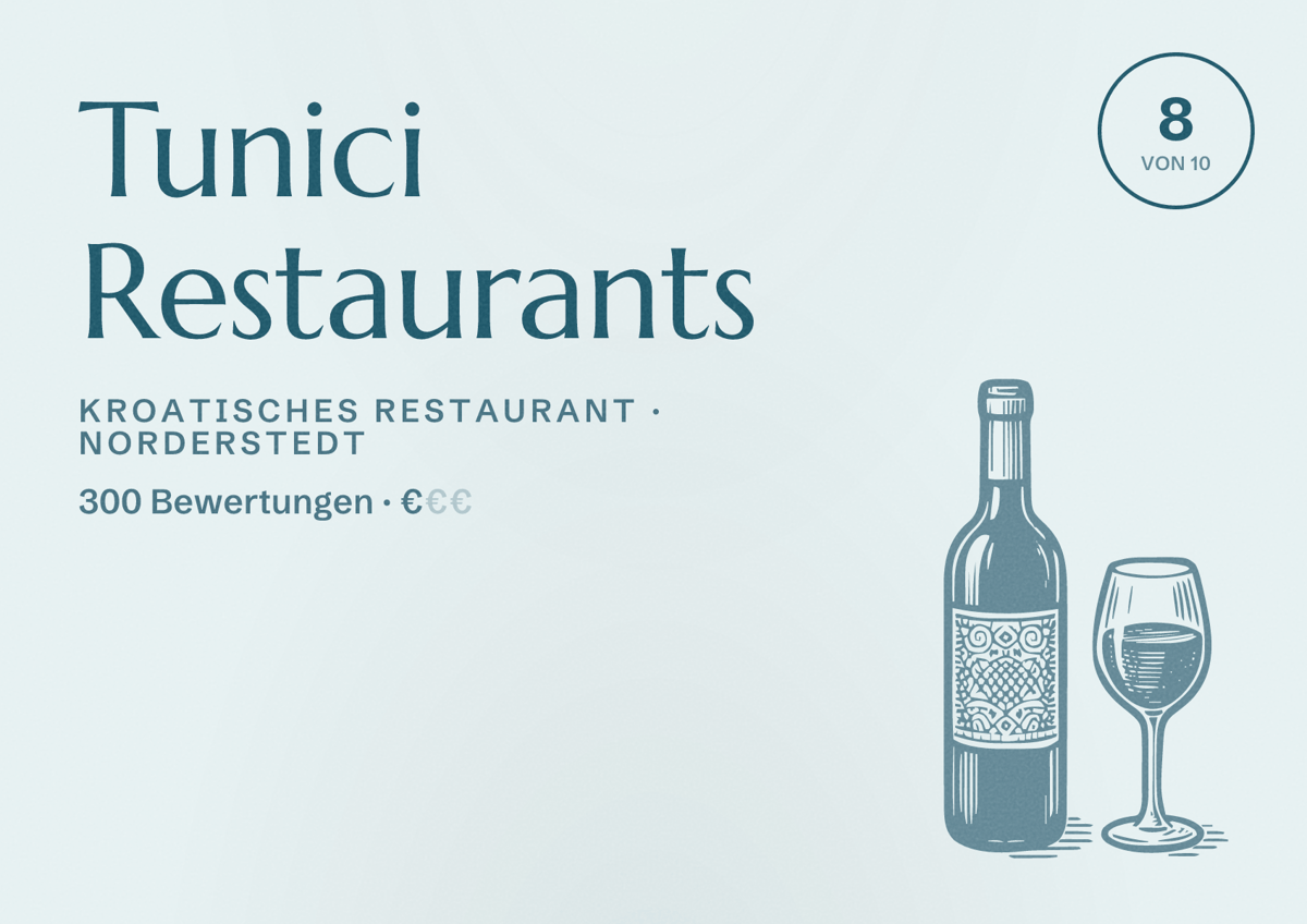 Illustriertes Poster von Tunici Restaurants, Kroatisches Restaurant in Norderstedt: Bewertung 8 von 10 aus 300 Bewertungen, Preisniveau €