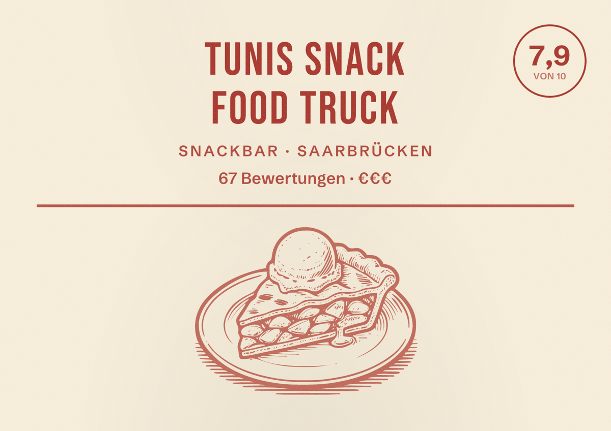 Illustriertes Poster von Tunis Snack Food Truck, Snackbar in Saarbrücken: Bewertung 7,9 von 10 aus 67 Bewertungen, Preisniveau €€€