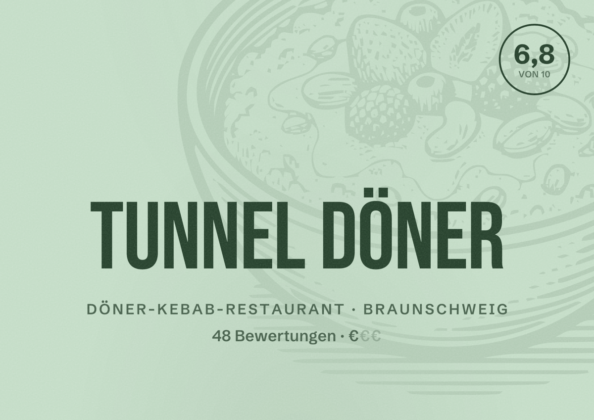 Illustriertes Poster von Tunnel Döner, Döner-Kebab-Restaurant in Braunschweig: Bewertung 6,8 von 10 aus 48 Bewertungen, Preisniveau €