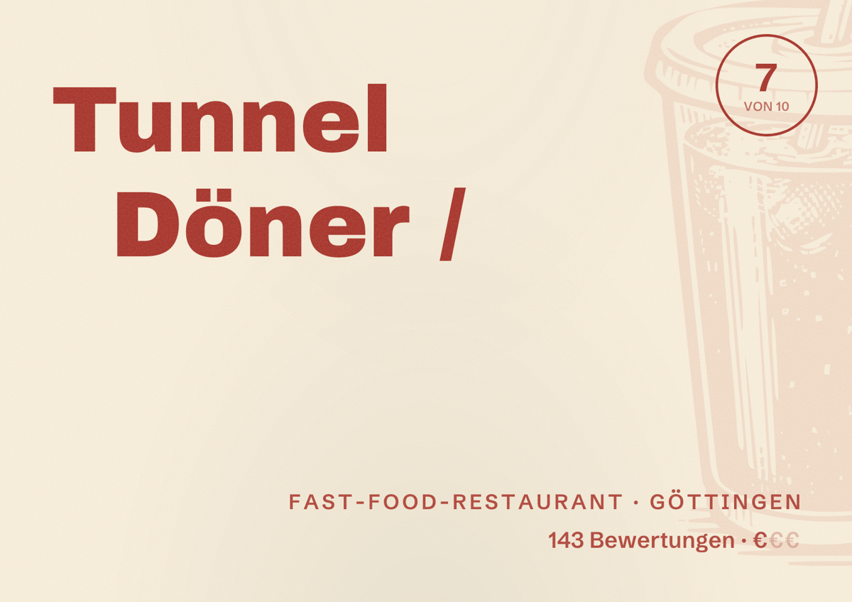 Illustriertes Poster von Tunnel Döner /, Fast-Food-Restaurant in Göttingen: Bewertung 7 von 10 aus 143 Bewertungen, Preisniveau €