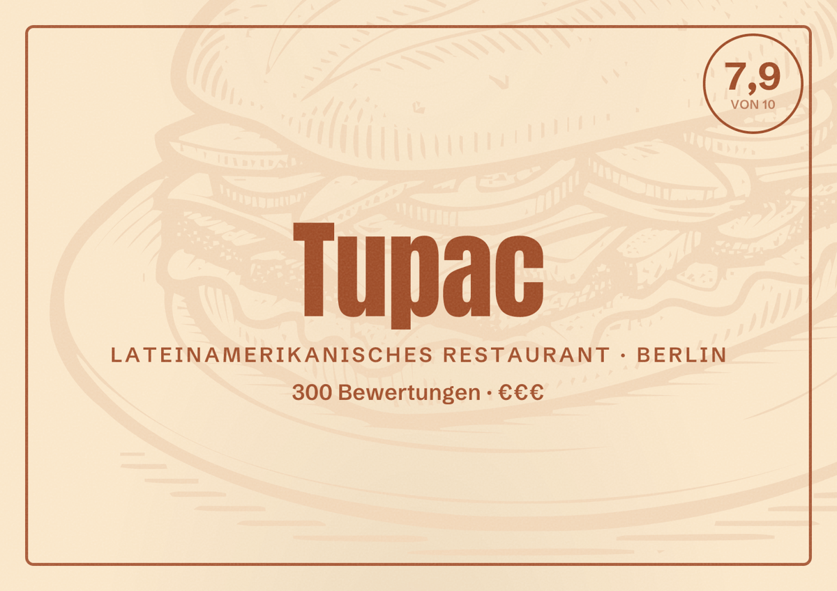 Illustriertes Poster von Tupac, Lateinamerikanisches Restaurant in Berlin: Bewertung 7,9 von 10 aus 300 Bewertungen, Preisniveau €€€