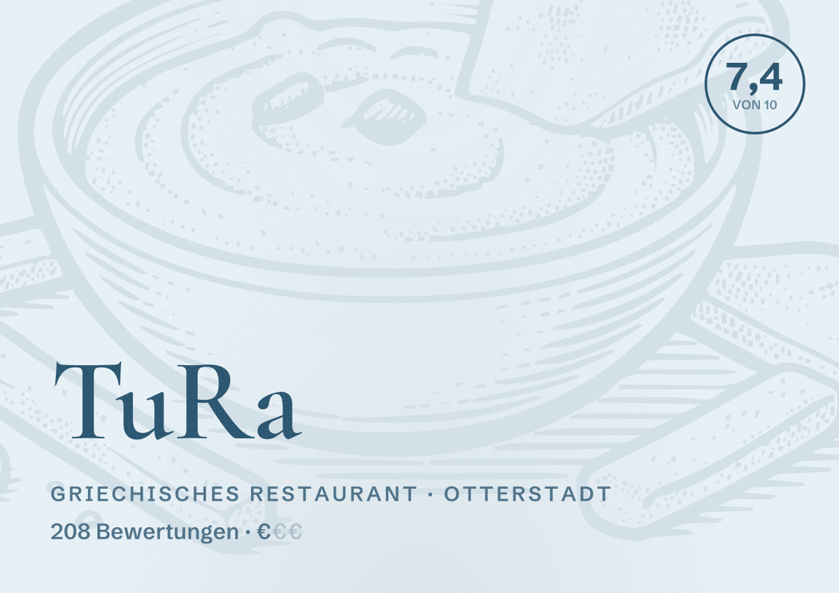 Illustriertes Poster von TuRa, Griechisches Restaurant in Otterstadt: Bewertung 7,4 von 10 aus 208 Bewertungen, Preisniveau €
