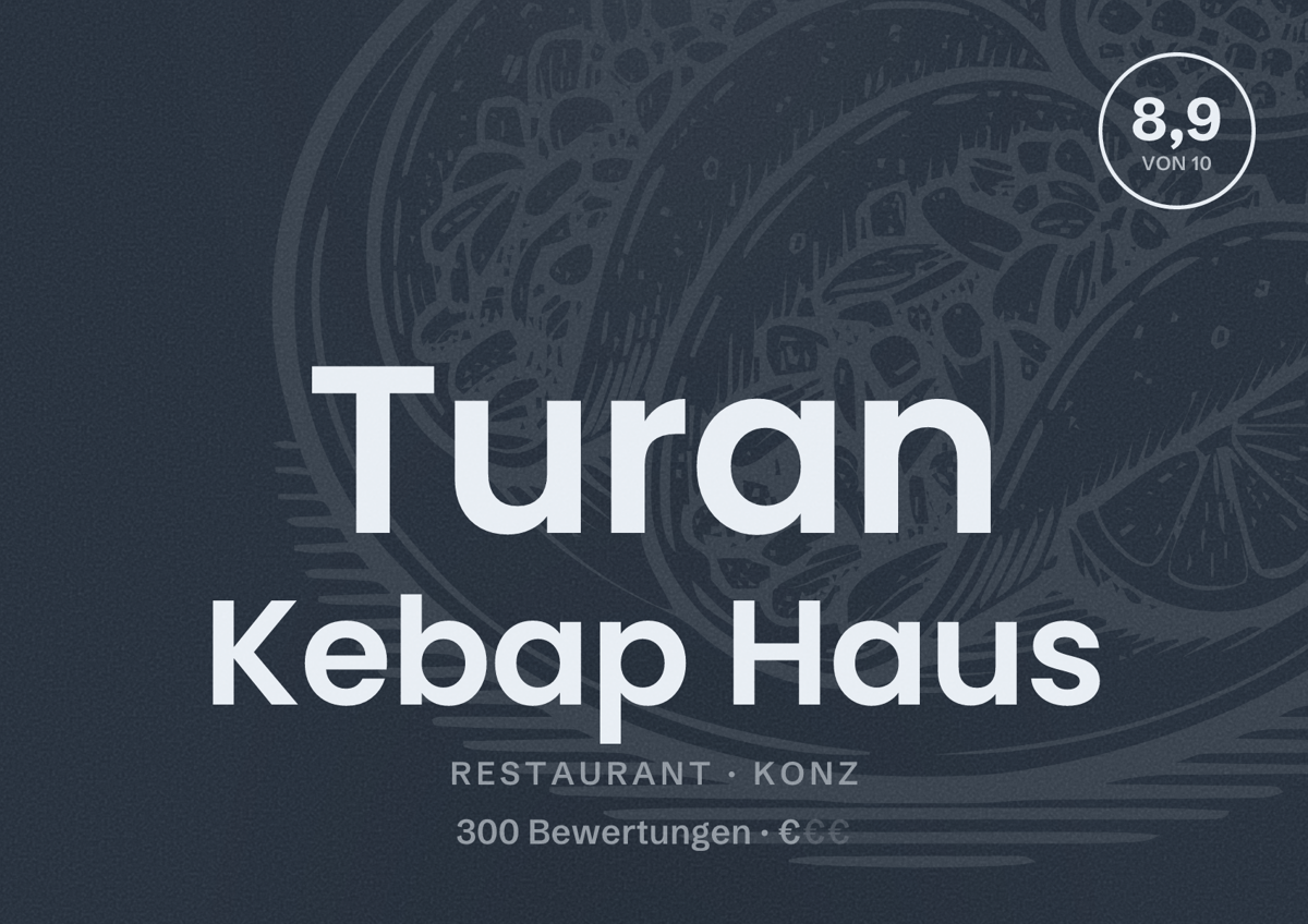 Illustriertes Poster von Turan Kebap Haus, Restaurant in Konz: Bewertung 8,9 von 10 aus 300 Bewertungen, Preisniveau €