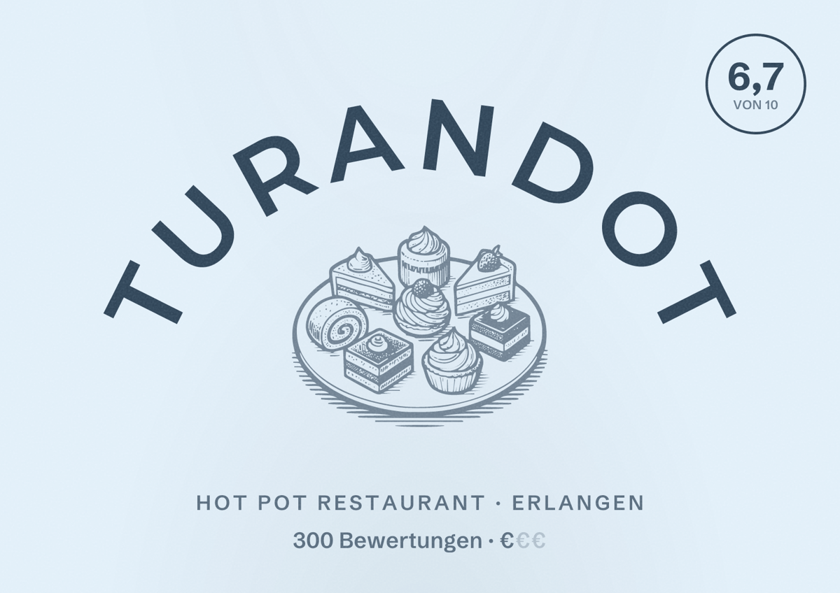 Illustriertes Poster von Turandot, Hot Pot Restaurant in Erlangen: Bewertung 6,7 von 10 aus 300 Bewertungen, Preisniveau €