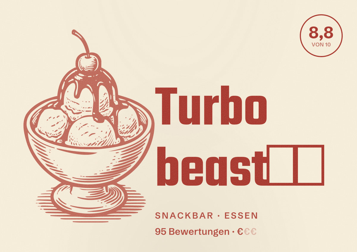 Illustriertes Poster von Turbo beast⚡️, Snackbar in Essen: Bewertung 8,8 von 10 aus 95 Bewertungen, Preisniveau €
