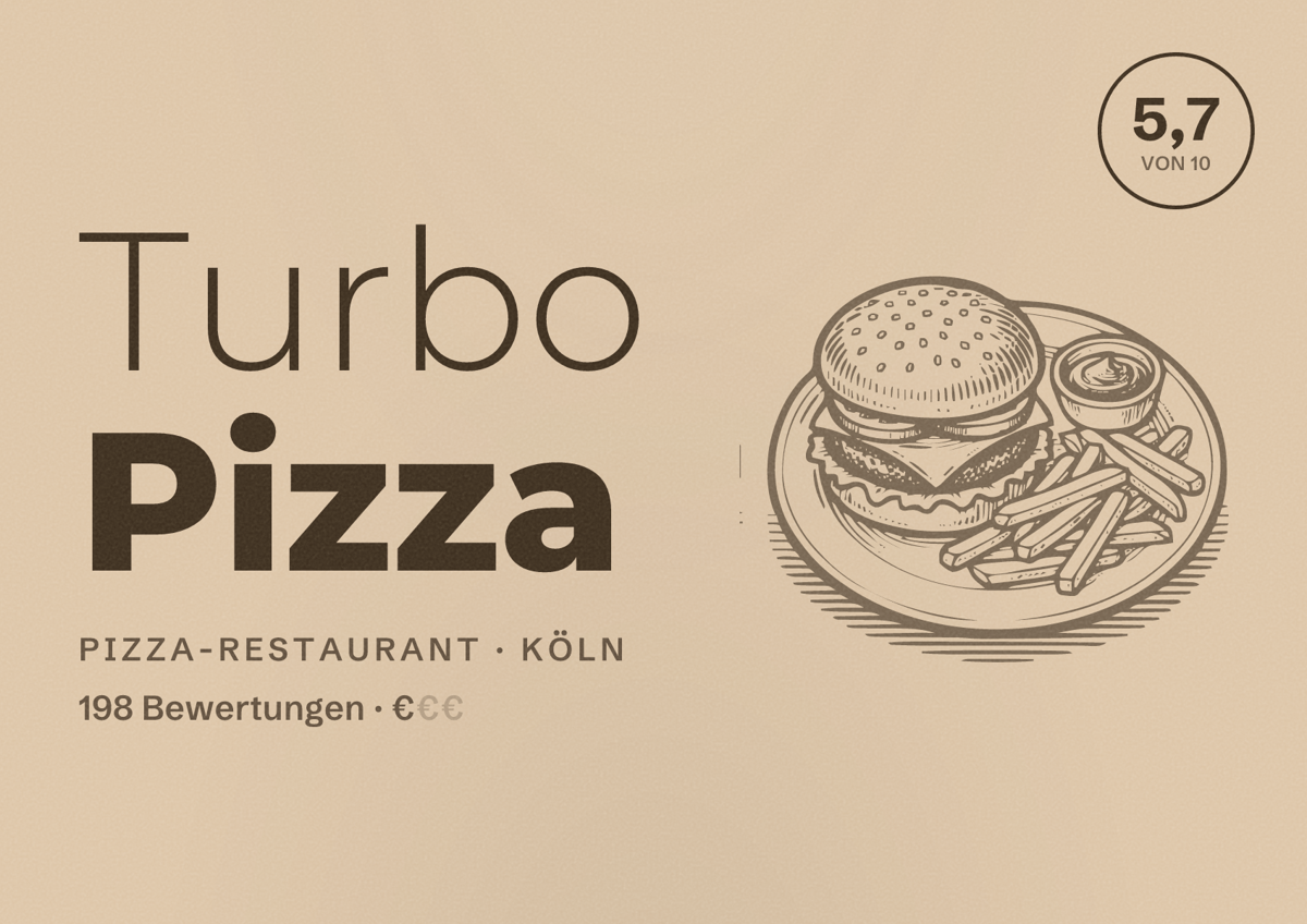 Illustriertes Poster von Turbo Pizza, Pizza-Restaurant in Köln: Bewertung 5,7 von 10 aus 198 Bewertungen, Preisniveau €