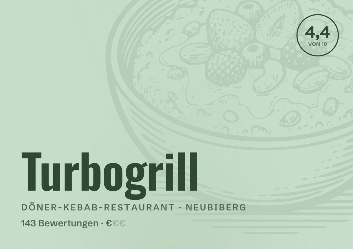 Illustriertes Poster von Turbogrill, Döner-Kebab-Restaurant in Neubiberg: Bewertung 4,4 von 10 aus 143 Bewertungen, Preisniveau €