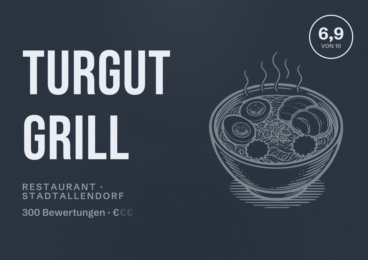 Illustriertes Poster von Turgut Grill, Restaurant in Stadtallendorf: Bewertung 6,9 von 10 aus 300 Bewertungen, Preisniveau €