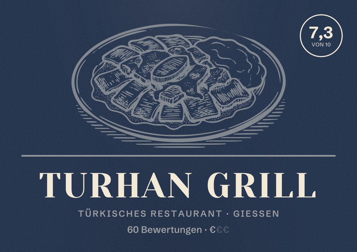 Illustriertes Poster von Turhan Grill, Türkisches Restaurant in Gießen: Bewertung 7,3 von 10 aus 60 Bewertungen, Preisniveau €