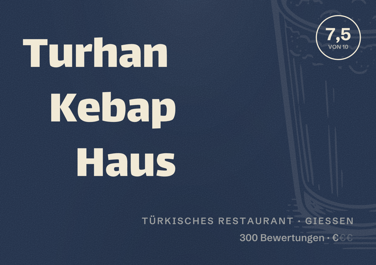Illustriertes Poster von Turhan Kebap Haus, Türkisches Restaurant in Gießen: Bewertung 7,5 von 10 aus 300 Bewertungen, Preisniveau €