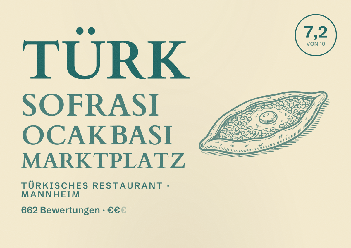 Illustriertes Poster von Türk Sofrasi Ocakbasi Marktplatz, Türkisches Restaurant in Mannheim: Bewertung 7,2 von 10 aus 662 Bewertungen, Preisniveau €€