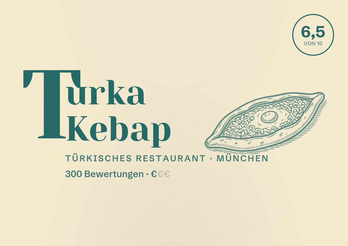 Illustriertes Poster von Turka Kebap, Türkisches Restaurant in München: Bewertung 6,5 von 10 aus 300 Bewertungen, Preisniveau €