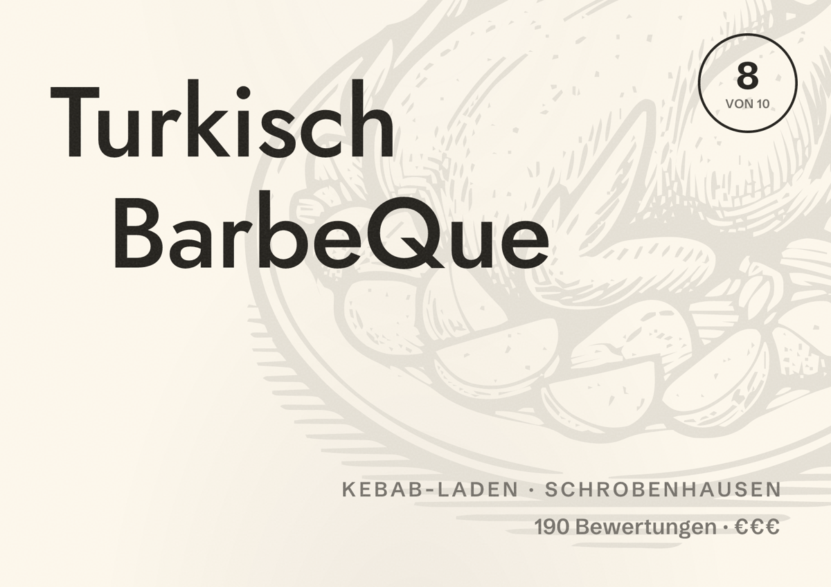 Illustriertes Poster von Turkisch BarbeQue, Kebab-Laden in Schrobenhausen: Bewertung 8 von 10 aus 190 Bewertungen, Preisniveau €€€