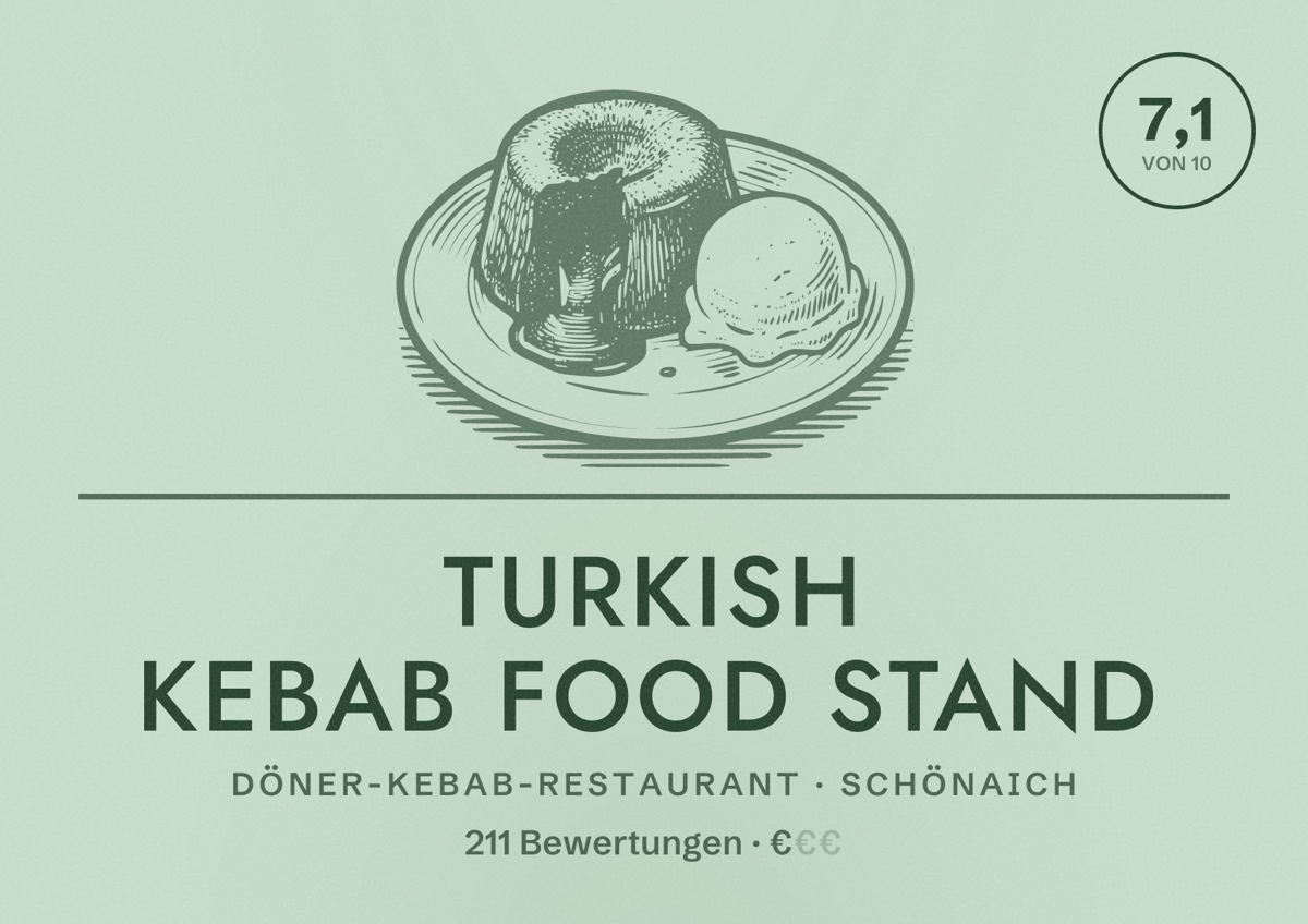 Illustriertes Poster von Turkish Kebab Food Stand, Döner-Kebab-Restaurant in Schönaich: Bewertung 7,1 von 10 aus 211 Bewertungen, Preisniveau €