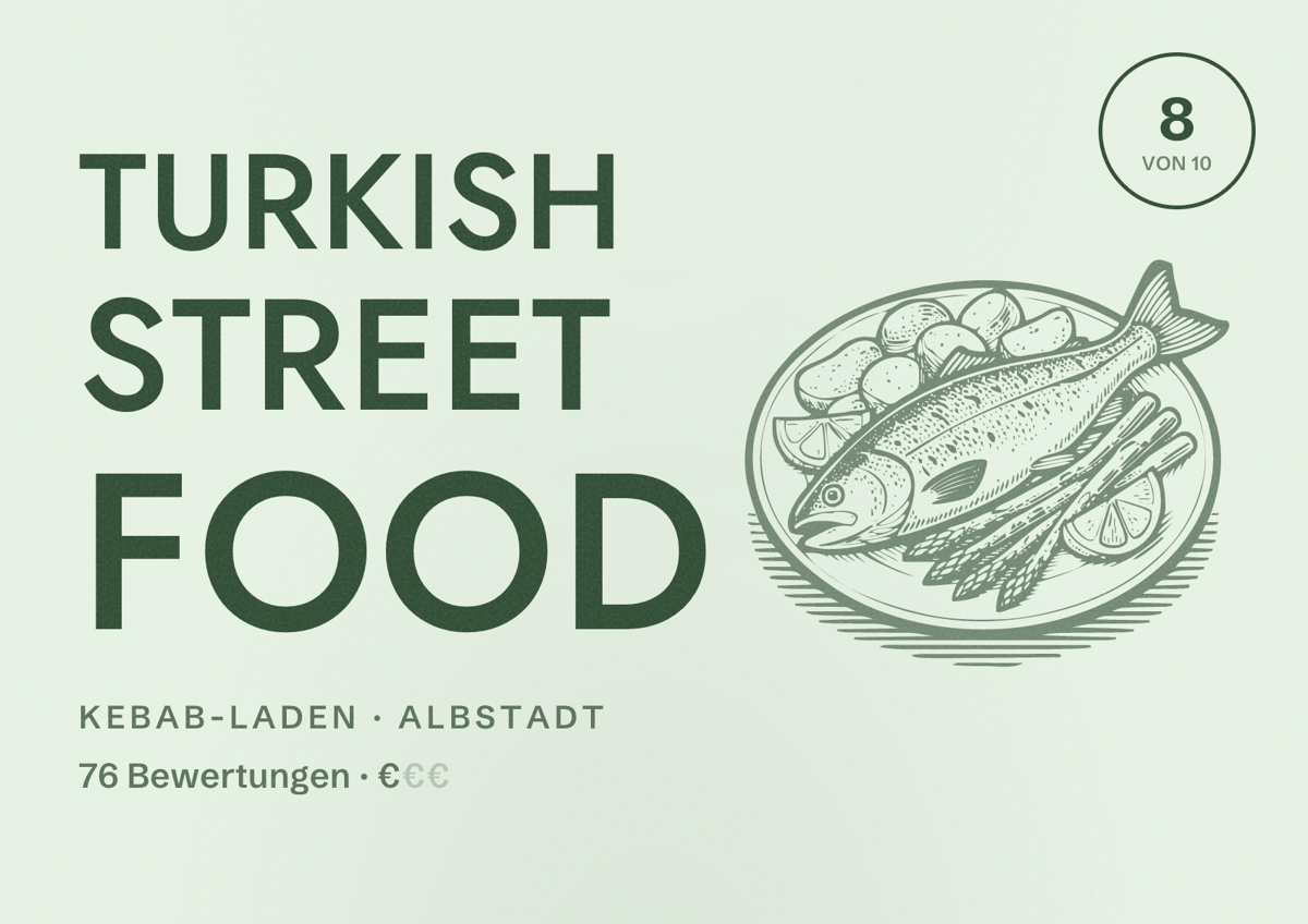 Illustriertes Poster von Turkish Street Food, Kebab-Laden in Albstadt: Bewertung 8 von 10 aus 76 Bewertungen, Preisniveau €