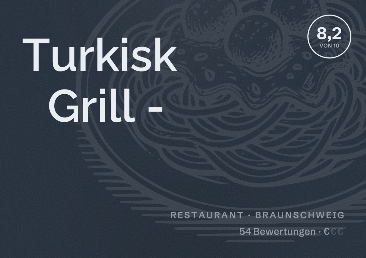 Illustriertes Poster von Turkisk Grill -, Restaurant in Braunschweig: Bewertung 8,2 von 10 aus 54 Bewertungen, Preisniveau €