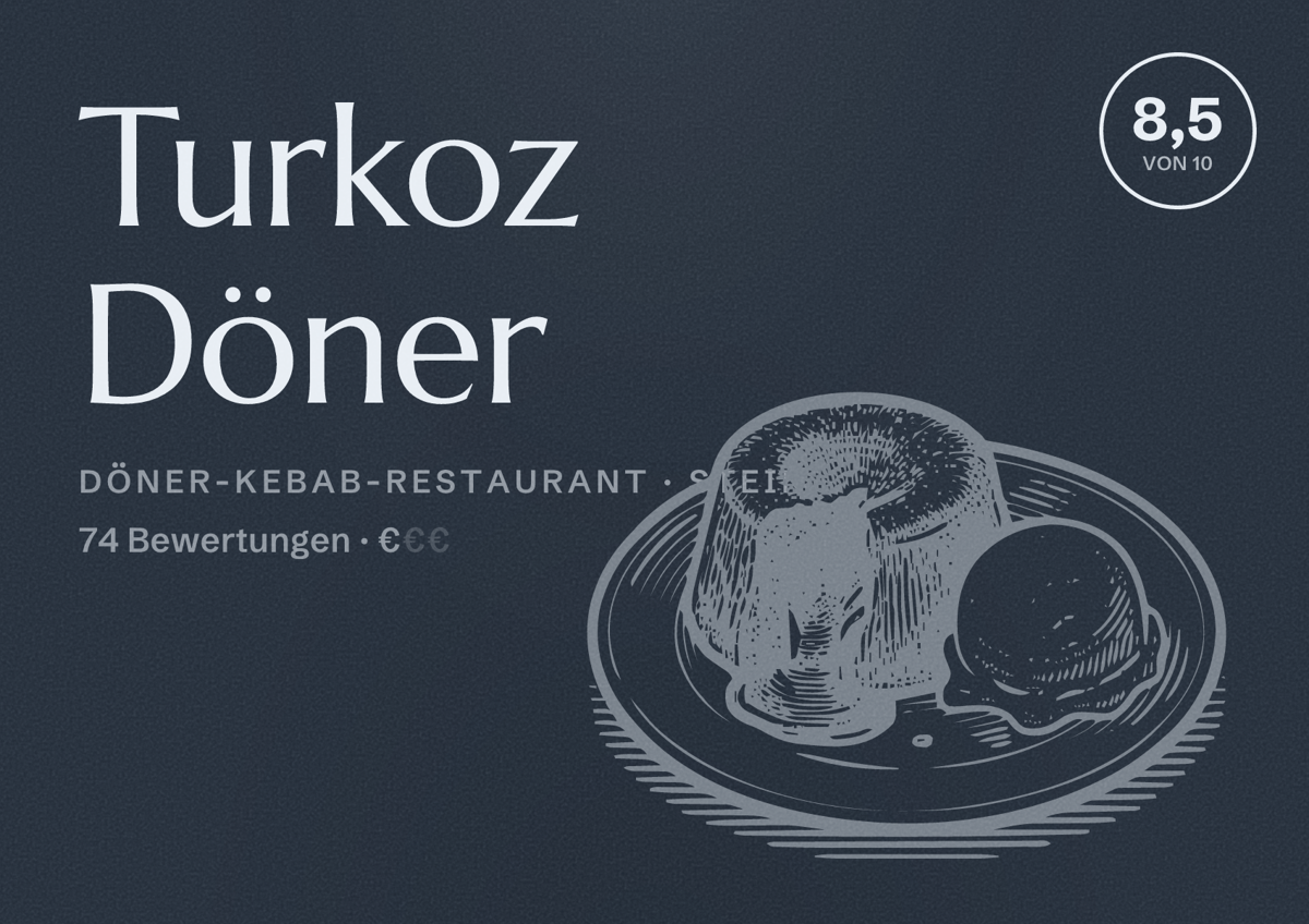 Illustriertes Poster von Turkoz Döner, Döner-Kebab-Restaurant in Stein: Bewertung 8,5 von 10 aus 74 Bewertungen, Preisniveau €
