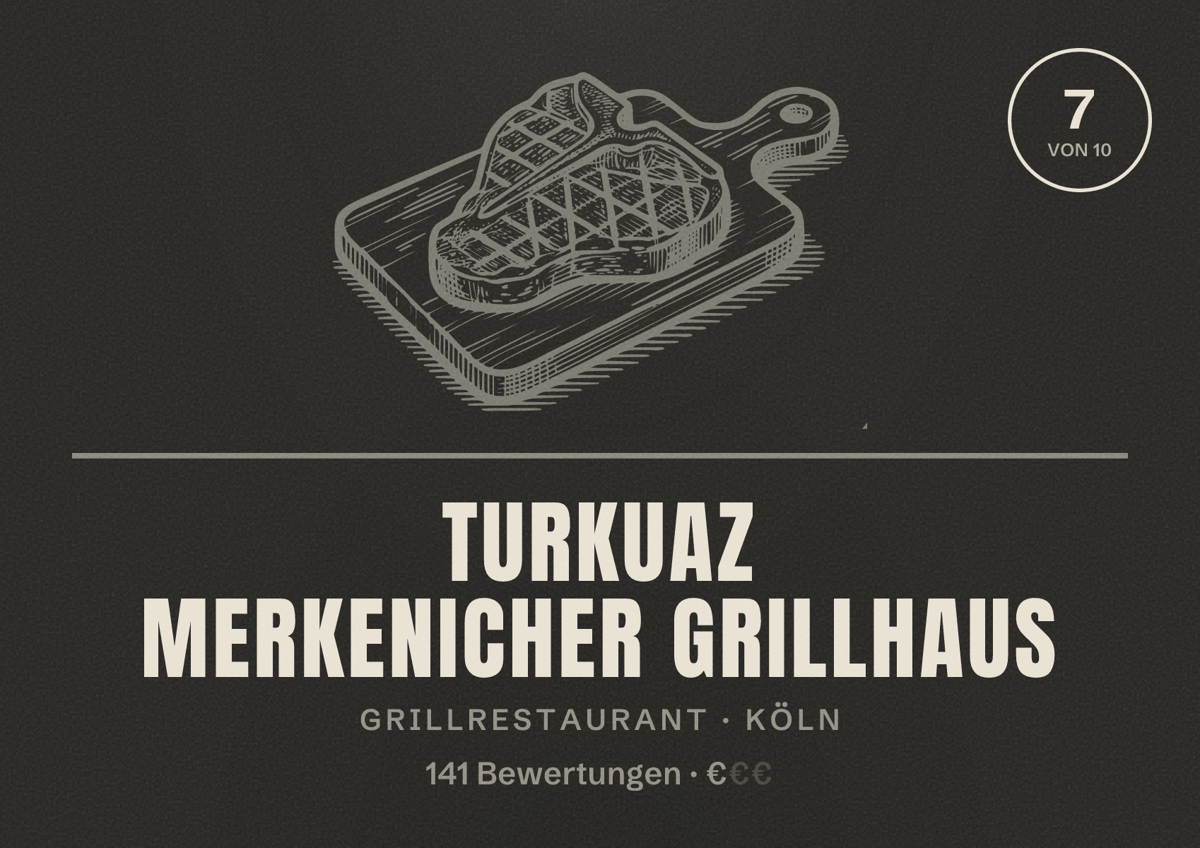 Illustriertes Poster von Turkuaz Merkenicher Grillhaus, Grillrestaurant in Köln: Bewertung 7,0 von 10 aus 141 Bewertungen, Preisniveau €