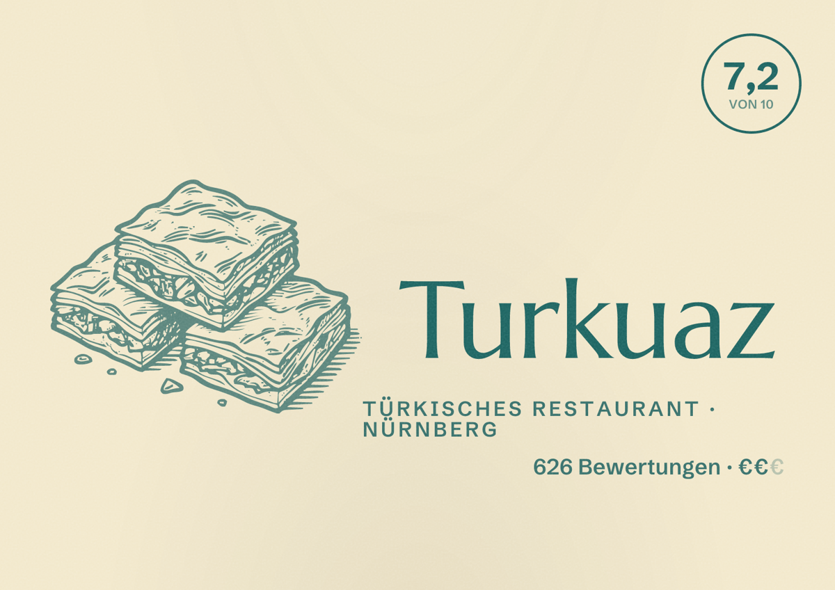 Illustriertes Poster von Turkuaz, Türkisches Restaurant in Nürnberg: Bewertung 7,2 von 10 aus 626 Bewertungen, Preisniveau €€