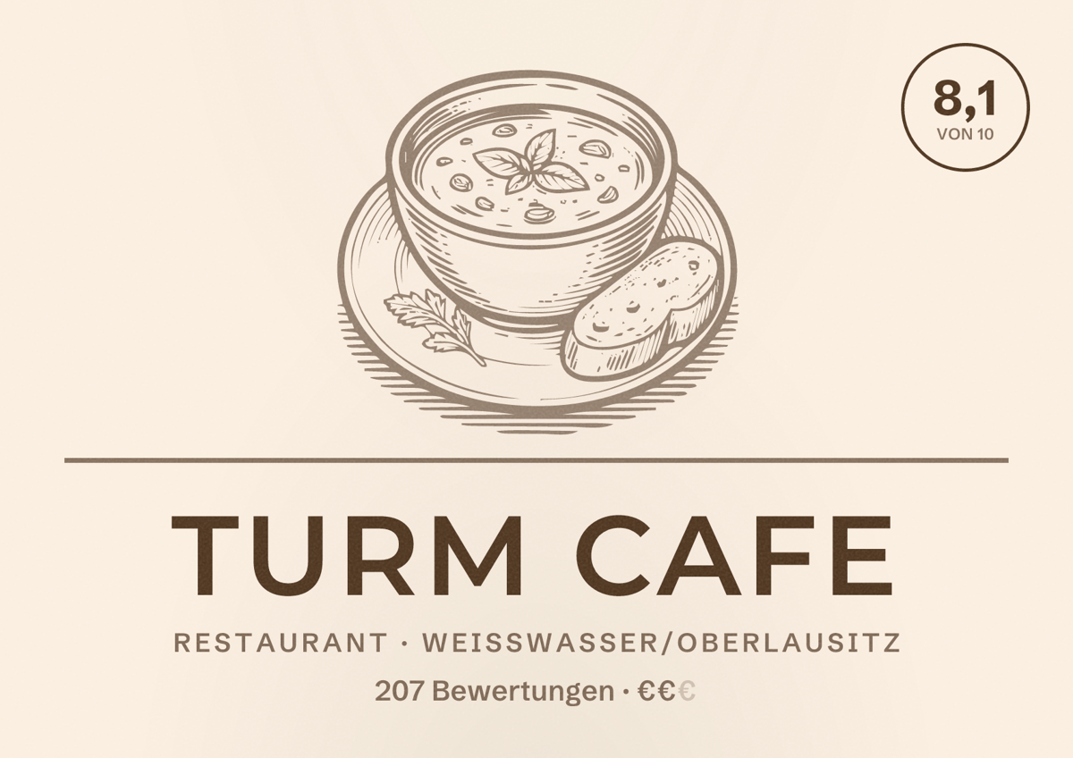 Illustriertes Poster von Turm Cafe, Restaurant in Weißwasser/Oberlausitz: Bewertung 8,1 von 10 aus 207 Bewertungen, Preisniveau €€