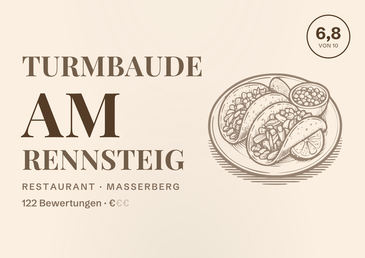Illustriertes Poster von Turmbaude am Rennsteig, Restaurant in Masserberg: Bewertung 6,8 von 10 aus 122 Bewertungen, Preisniveau €