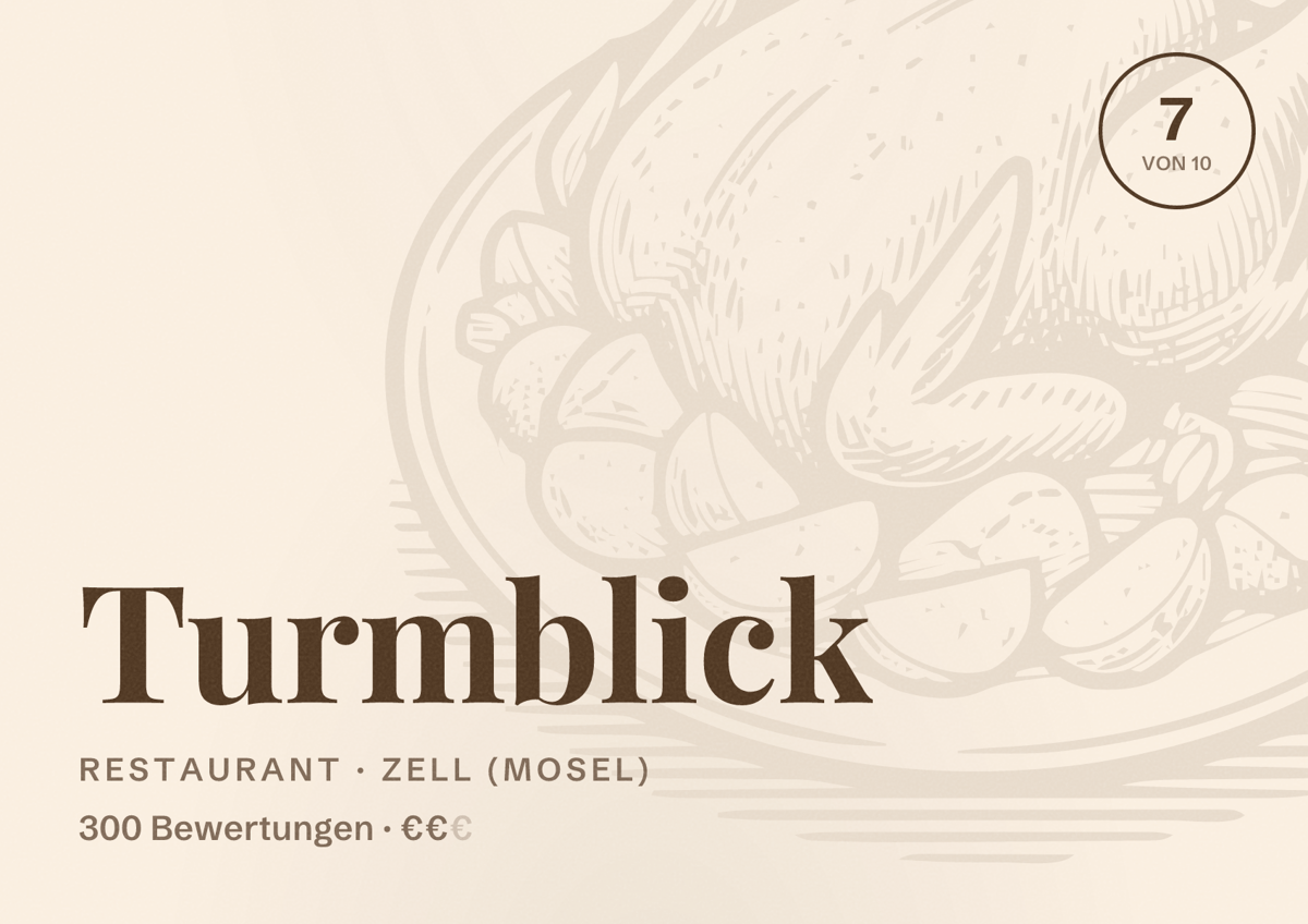 Illustriertes Poster von Turmblick, Restaurant in Zell (Mosel): Bewertung 7 von 10 aus 300 Bewertungen, Preisniveau €€