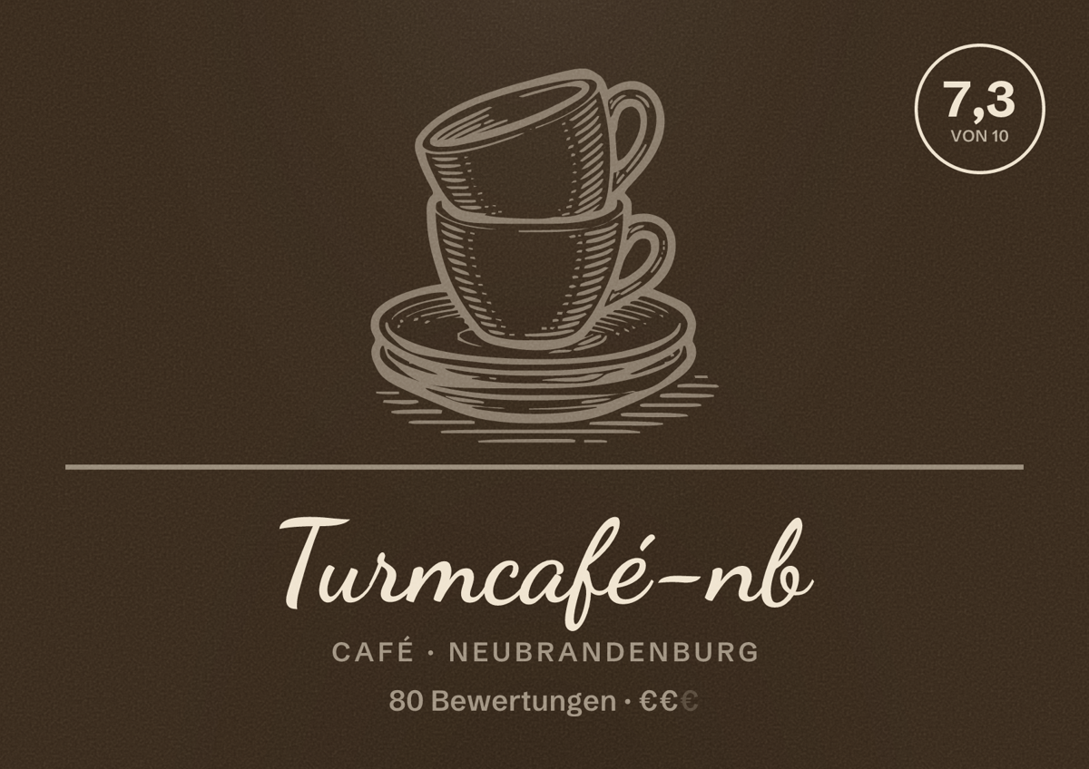 Illustriertes Poster von Turmcafé-nb, Café in Neubrandenburg: Bewertung 7,3 von 10 aus 80 Bewertungen, Preisniveau €€