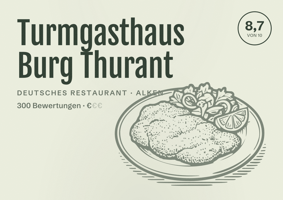 Illustriertes Poster von Turmgasthaus Burg Thurant, Deutsches Restaurant in Alken: Bewertung 8,7 von 10 aus 300 Bewertungen, Preisniveau €
