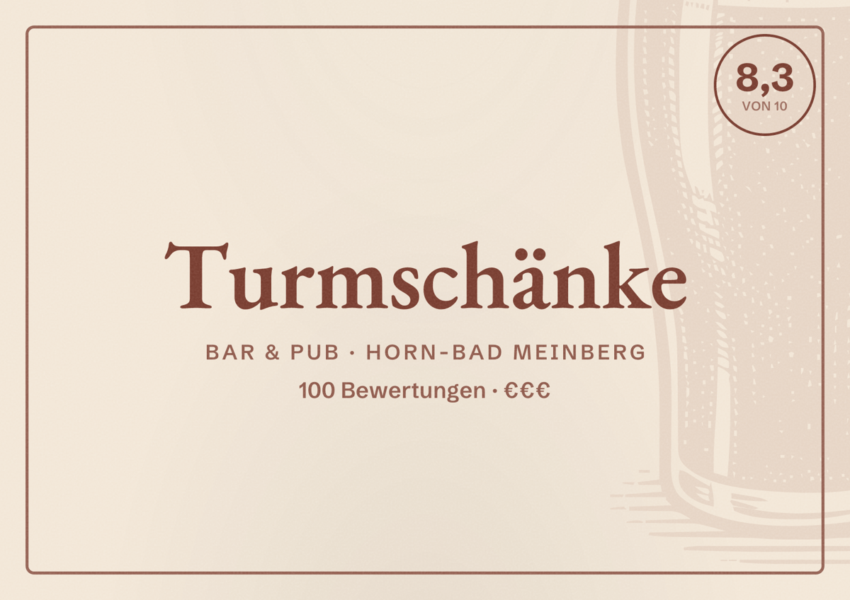 Illustriertes Poster von Turmschänke, Bar & Pub in Horn-Bad Meinberg: Bewertung 8,3 von 10 aus 100 Bewertungen, Preisniveau €€€
