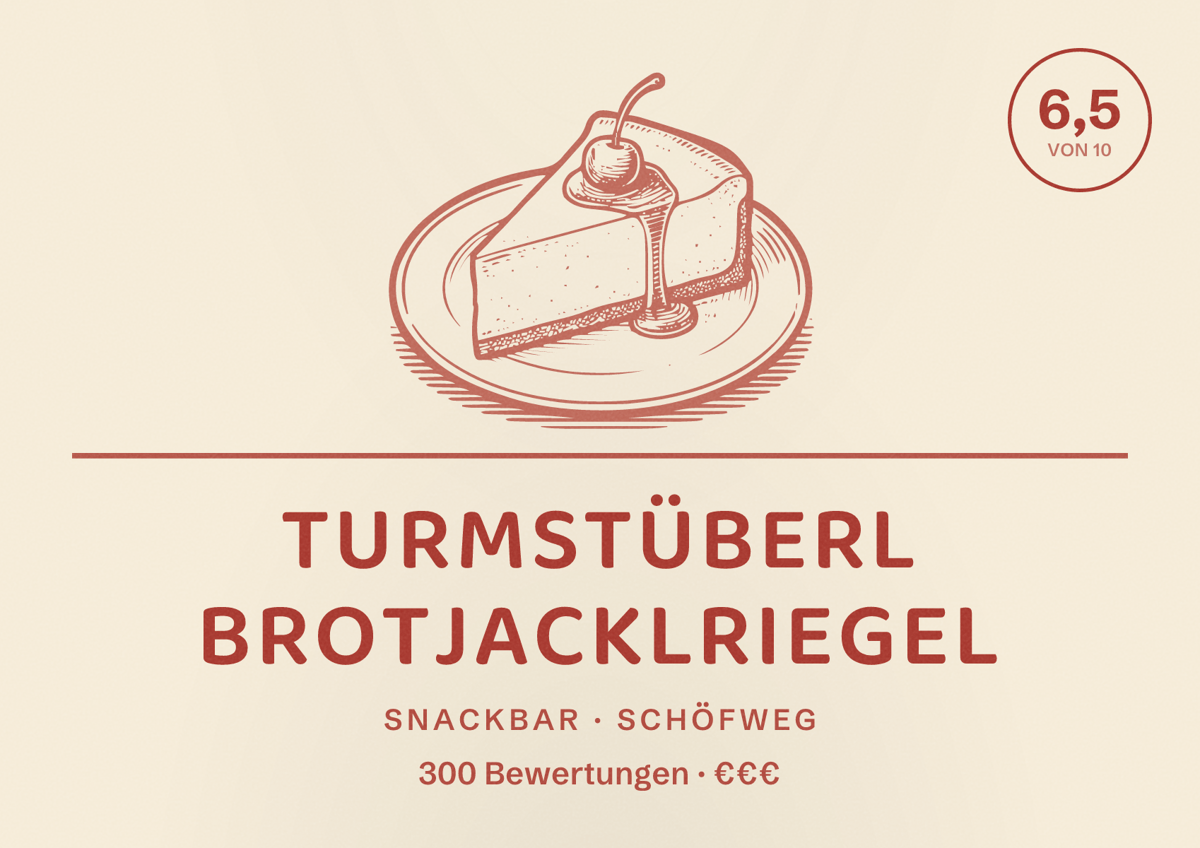 Illustriertes Poster von Turmstüberl Brotjacklriegel, Snackbar in Schöfweg: Bewertung 6,5 von 10 aus 300 Bewertungen, Preisniveau €€€