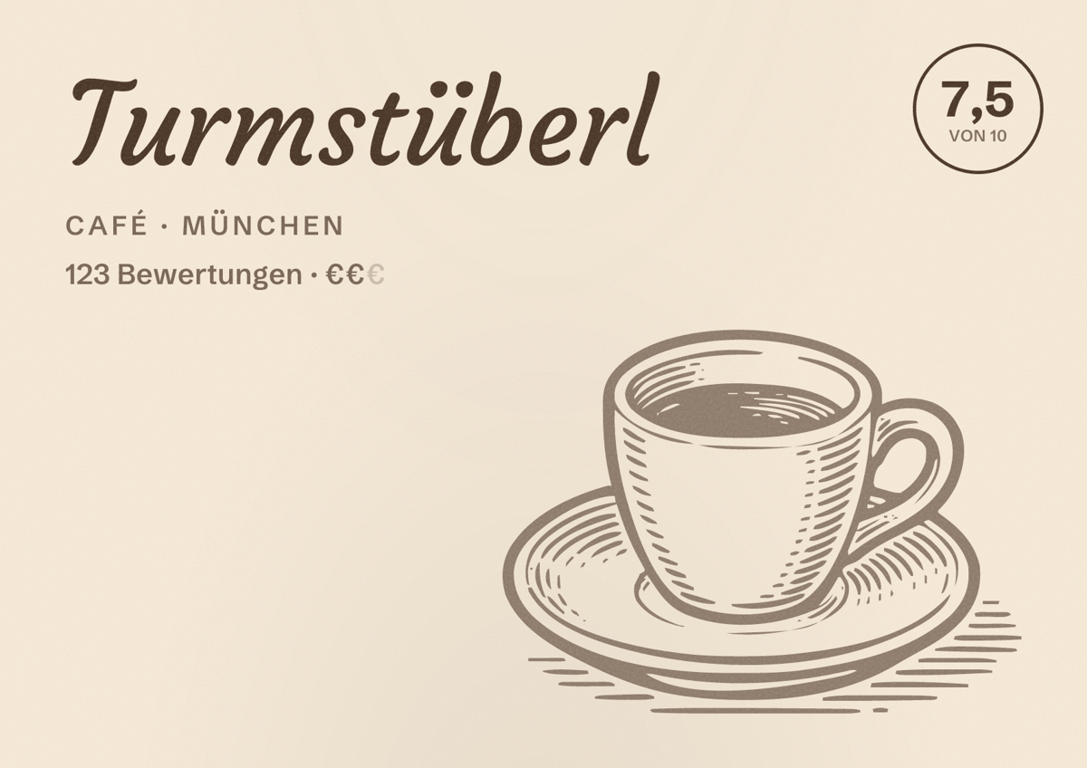 Illustriertes Poster von Turmstüberl, Café in München: Bewertung 7,5 von 10 aus 123 Bewertungen, Preisniveau €€