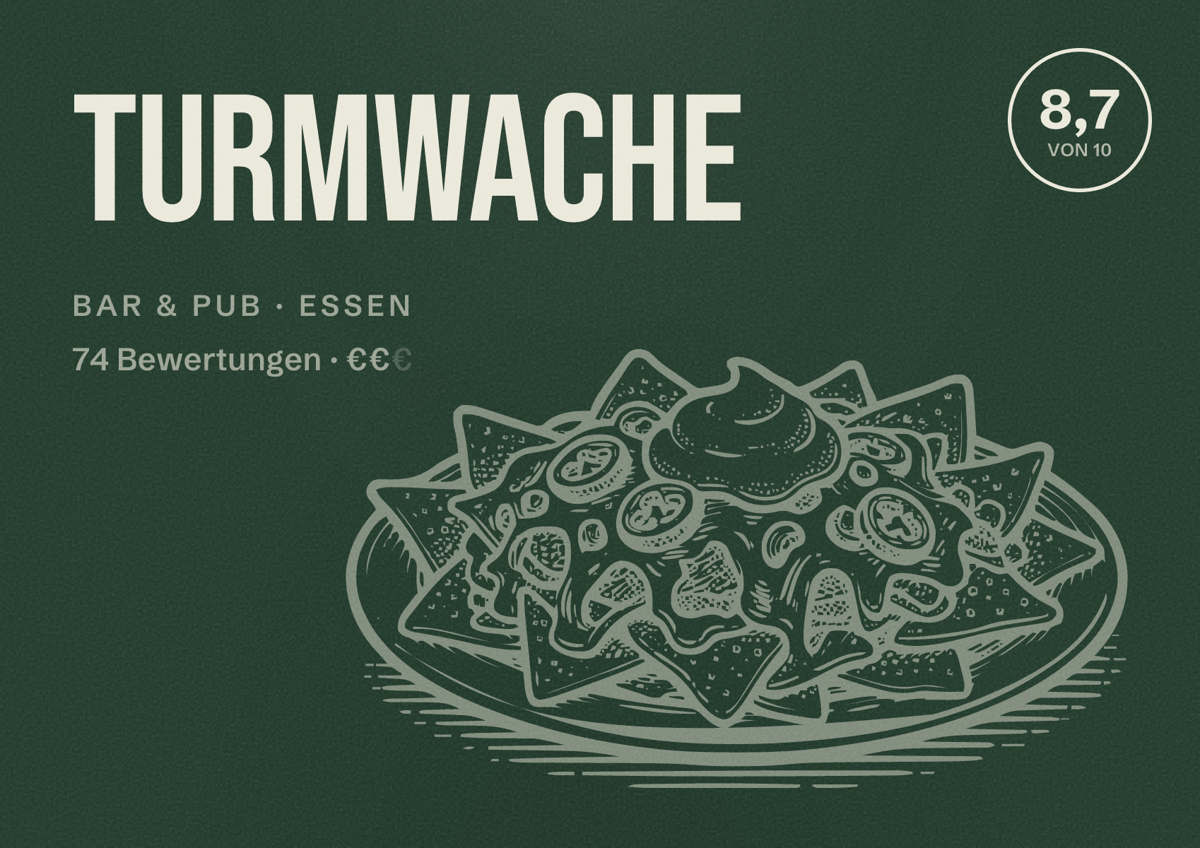 Illustriertes Poster von Turmwache, Bar & Pub in Essen: Bewertung 8,7 von 10 aus 74 Bewertungen, Preisniveau €€