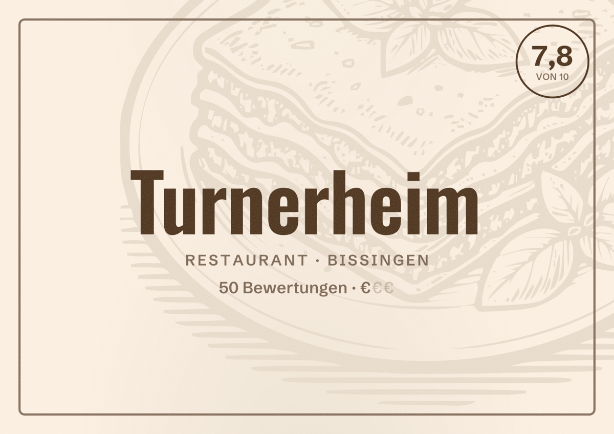 Illustriertes Poster von Turnerheim, Restaurant in Bissingen: Bewertung 7,8 von 10 aus 50 Bewertungen, Preisniveau €