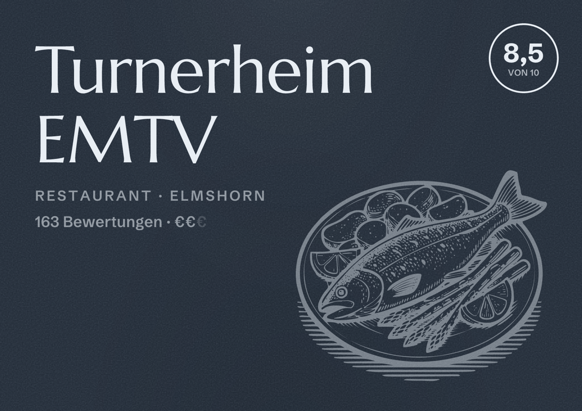 Illustriertes Poster von Turnerheim EMTV, Restaurant in Elmshorn: Bewertung 8,5 von 10 aus 163 Bewertungen, Preisniveau €€
