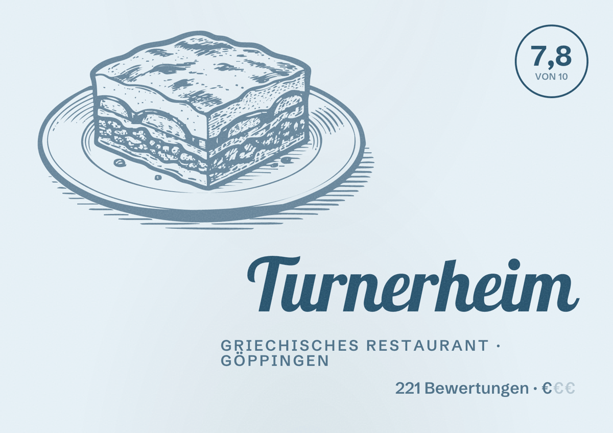 Illustriertes Poster von Turnerheim, Griechisches Restaurant in Göppingen: Bewertung 7,8 von 10 aus 221 Bewertungen, Preisniveau €