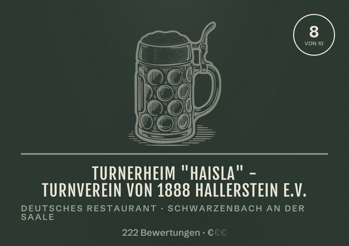 Illustriertes Poster von Turnerheim "Haisla" - Turnverein von 1888 Hallerstein e.V., Deutsches Restaurant in Schwarzenbach an der Saale: Bewertung 8 von 10 aus 222 Bewertungen, Preisniveau €