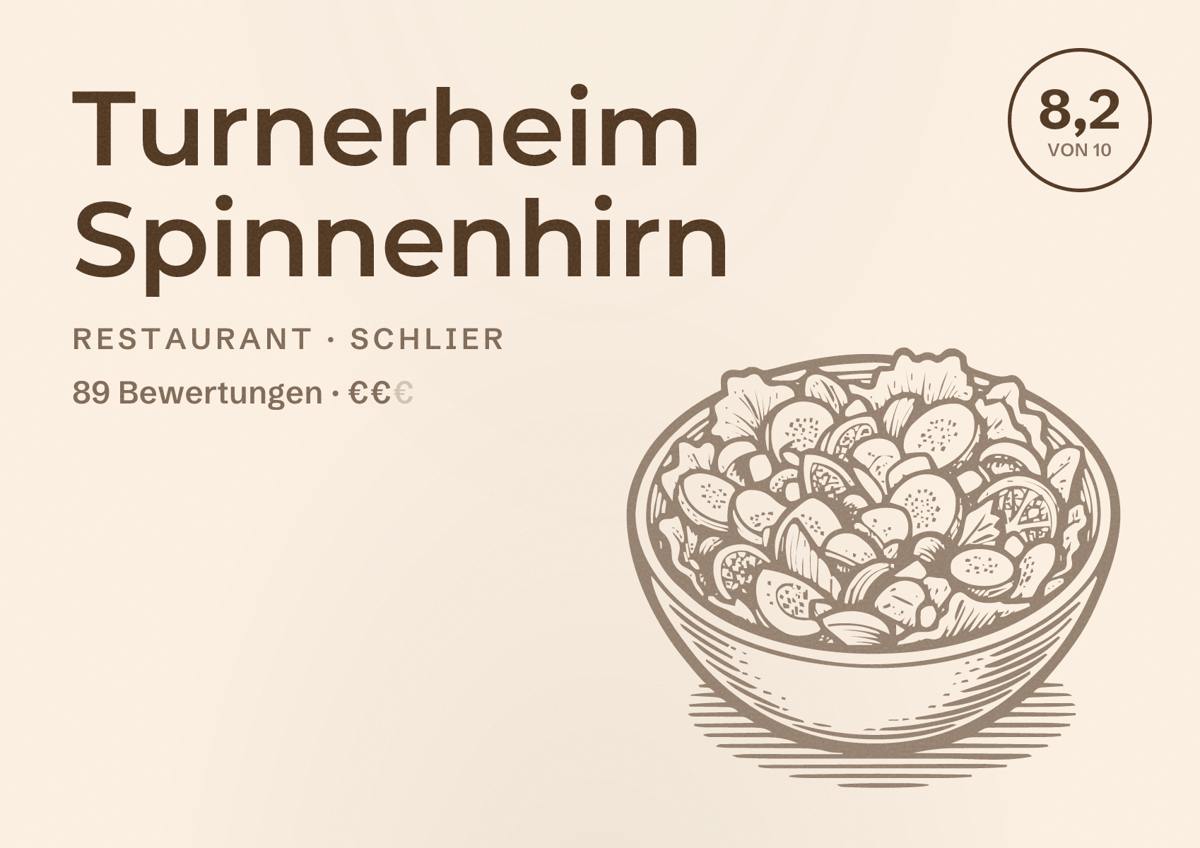 Illustriertes Poster von Turnerheim Spinnenhirn, Restaurant in Schlier: Bewertung 8,2 von 10 aus 89 Bewertungen, Preisniveau €€