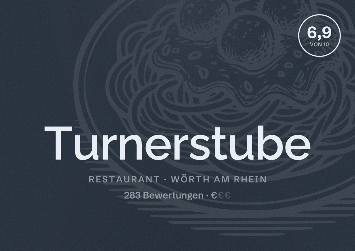 Illustriertes Poster von Turnerstube, Restaurant in Wörth am Rhein: Bewertung 6,9 von 10 aus 283 Bewertungen, Preisniveau €