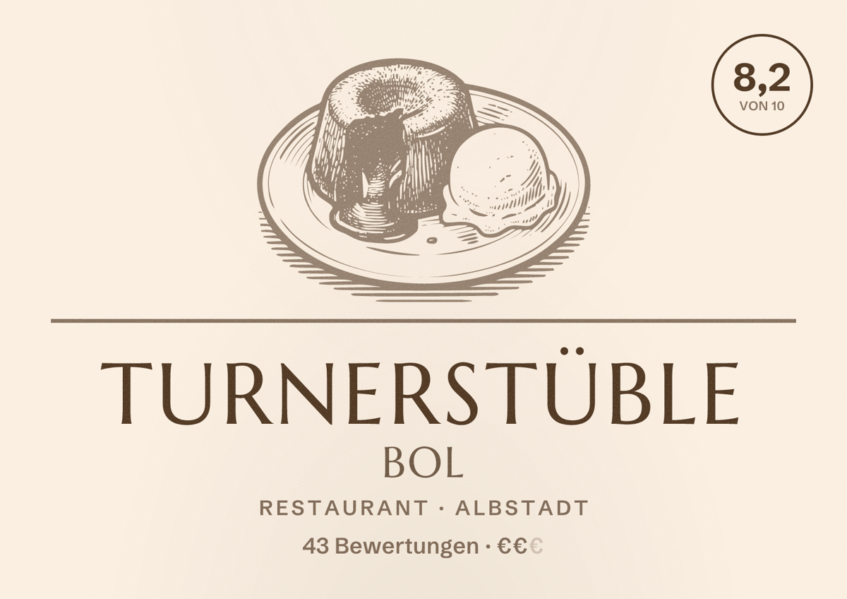 Illustriertes Poster von Turnerstüble Bol, Restaurant in Albstadt: Bewertung 8,2 von 10 aus 43 Bewertungen, Preisniveau €€