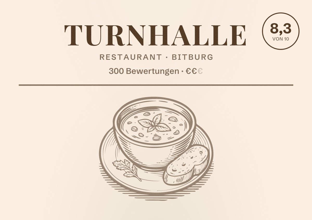 Illustriertes Poster von Turnhalle, Restaurant in Bitburg: Bewertung 8,3 von 10 aus 300 Bewertungen, Preisniveau €€