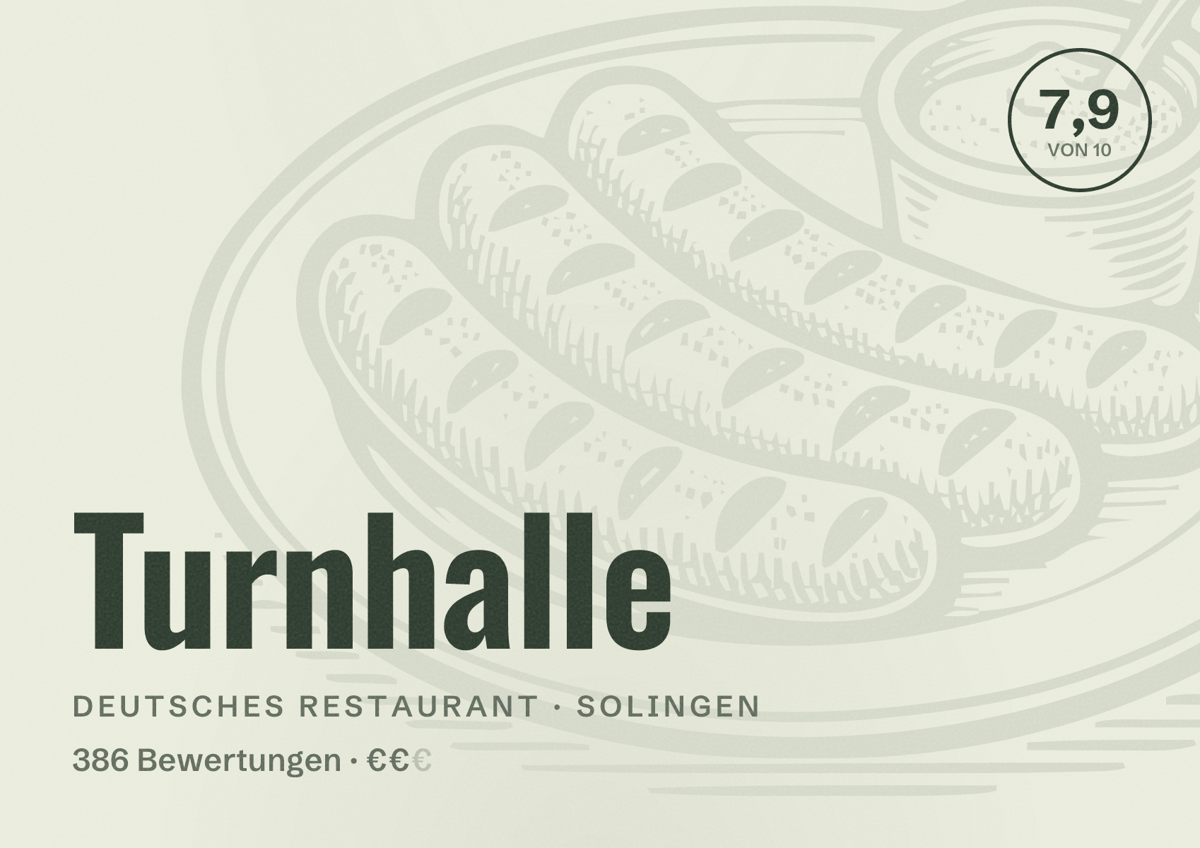 Illustriertes Poster von Turnhalle, Deutsches Restaurant in Solingen: Bewertung 7,9 von 10 aus 386 Bewertungen, Preisniveau €€