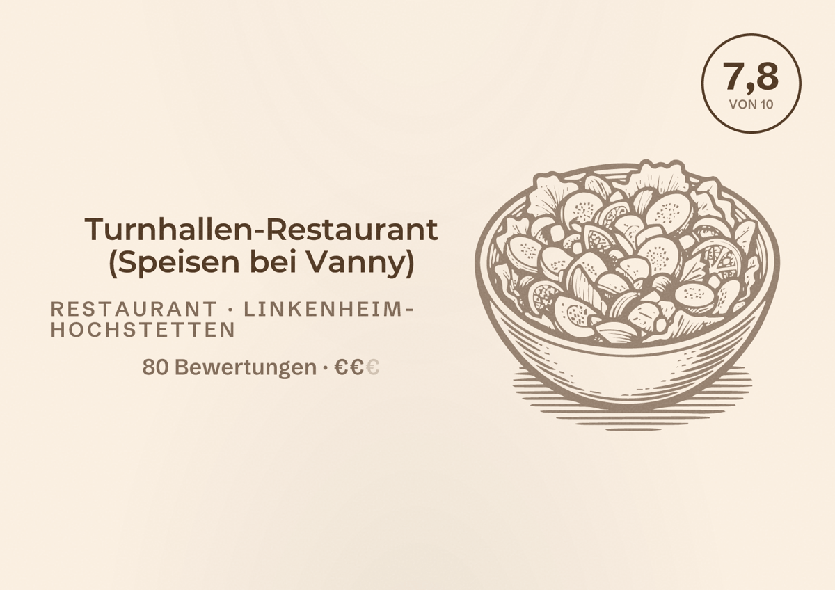 Illustriertes Poster von Turnhallen-Restaurant (Speisen bei Vanny), Restaurant in Linkenheim-Hochstetten: Bewertung 7,8 von 10 aus 80 Bewertungen, Preisniveau €€