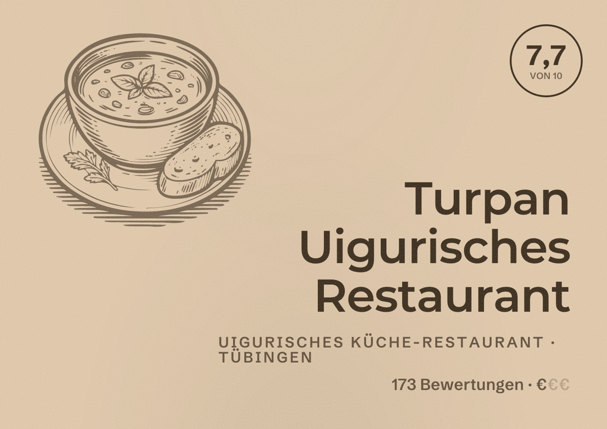 Illustriertes Poster von Turpan Uigurisches Restaurant, Uigurisches Küche-Restaurant in Tübingen: Bewertung 7,7 von 10 aus 173 Bewertungen, Preisniveau €