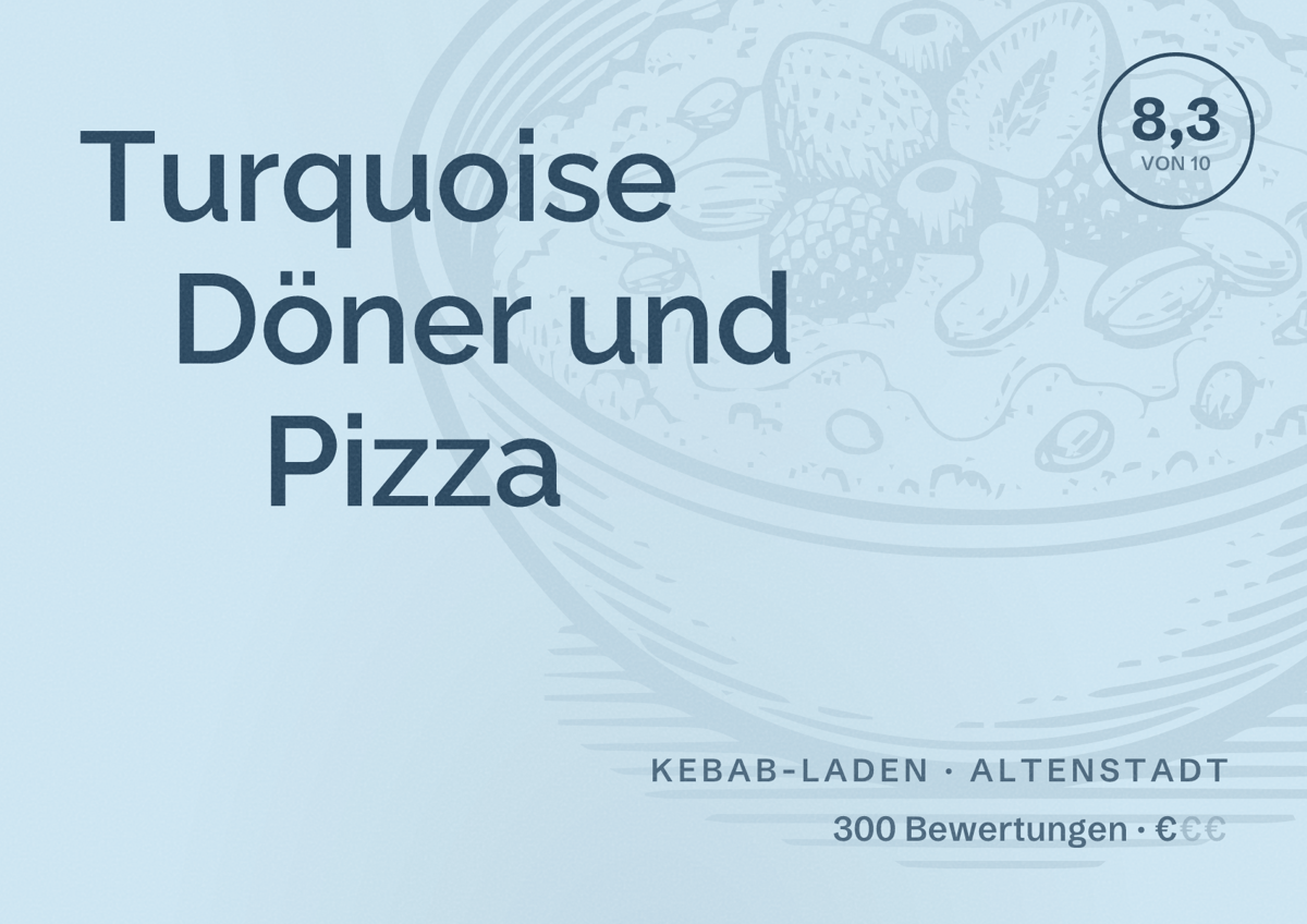 Illustriertes Poster von Turquoise Döner und Pizza, Kebab-Laden in Altenstadt: Bewertung 8,3 von 10 aus 300 Bewertungen, Preisniveau €