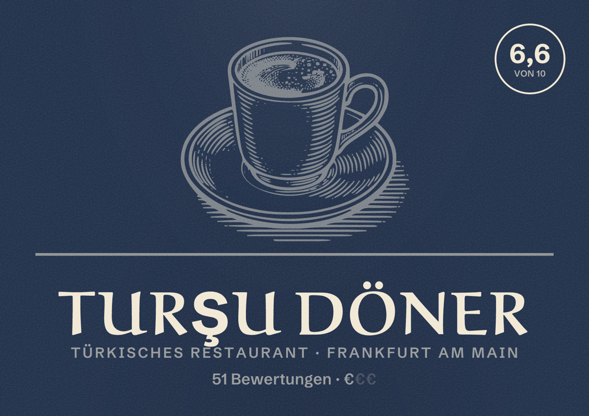 Illustriertes Poster von Turşu Döner, Türkisches Restaurant in Frankfurt am Main: Bewertung 6,6 von 10 aus 51 Bewertungen, Preisniveau €