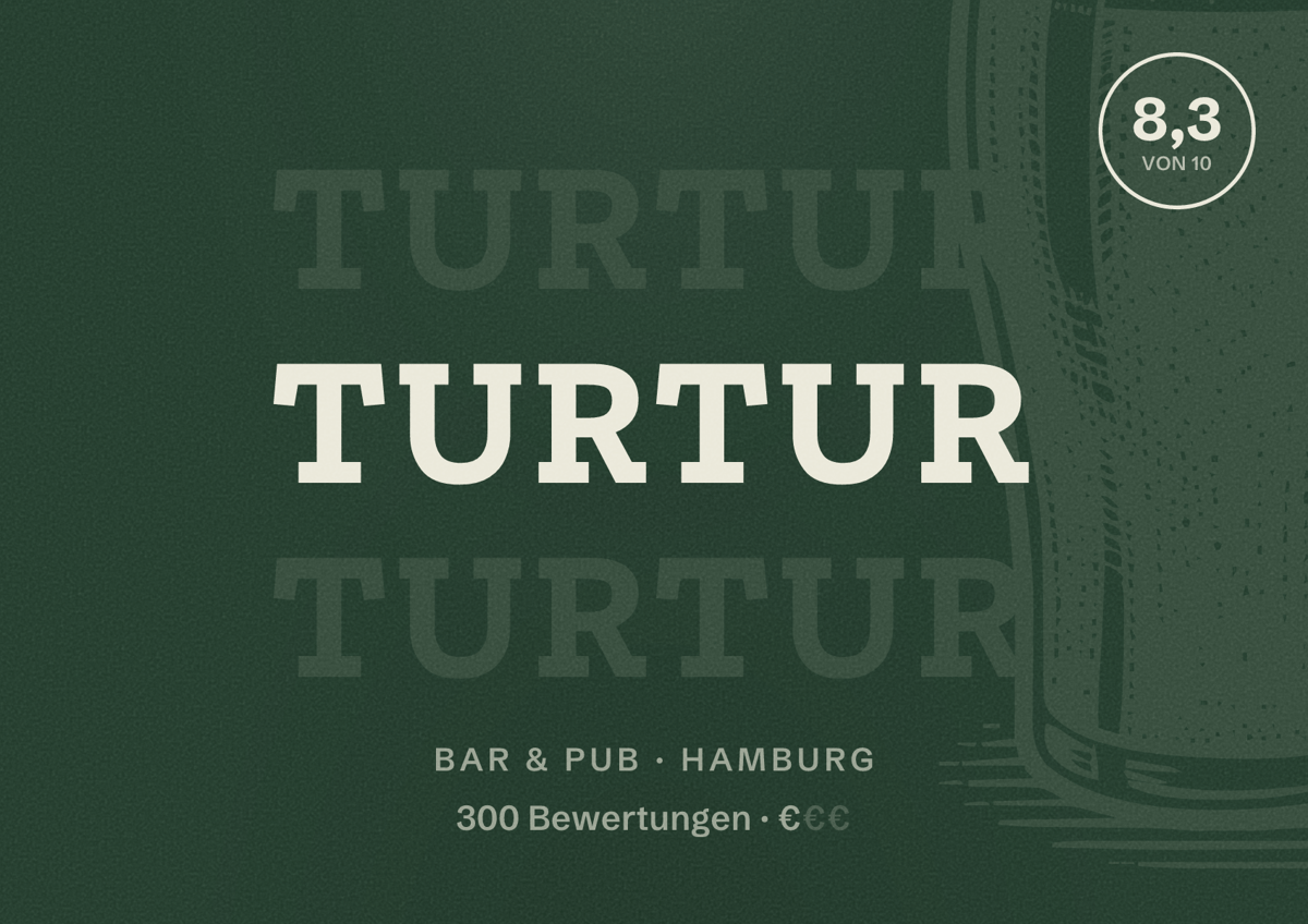Illustriertes Poster von TurTur, Bar & Pub in Hamburg: Bewertung 8,3 von 10 aus 300 Bewertungen, Preisniveau €